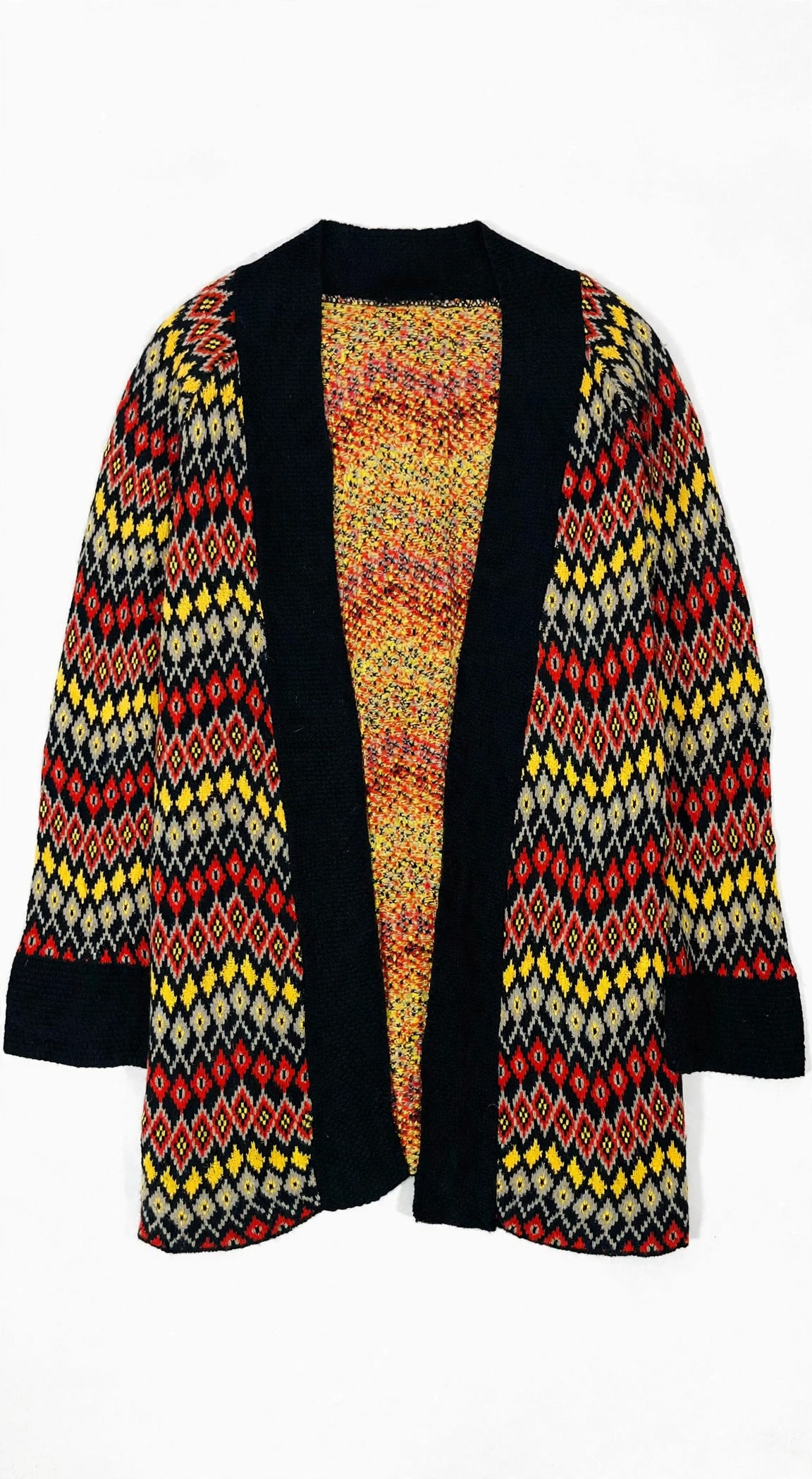 Apricot Black Fair-Isle Diamond Cardigan with Shawl Collar (Size M/L)