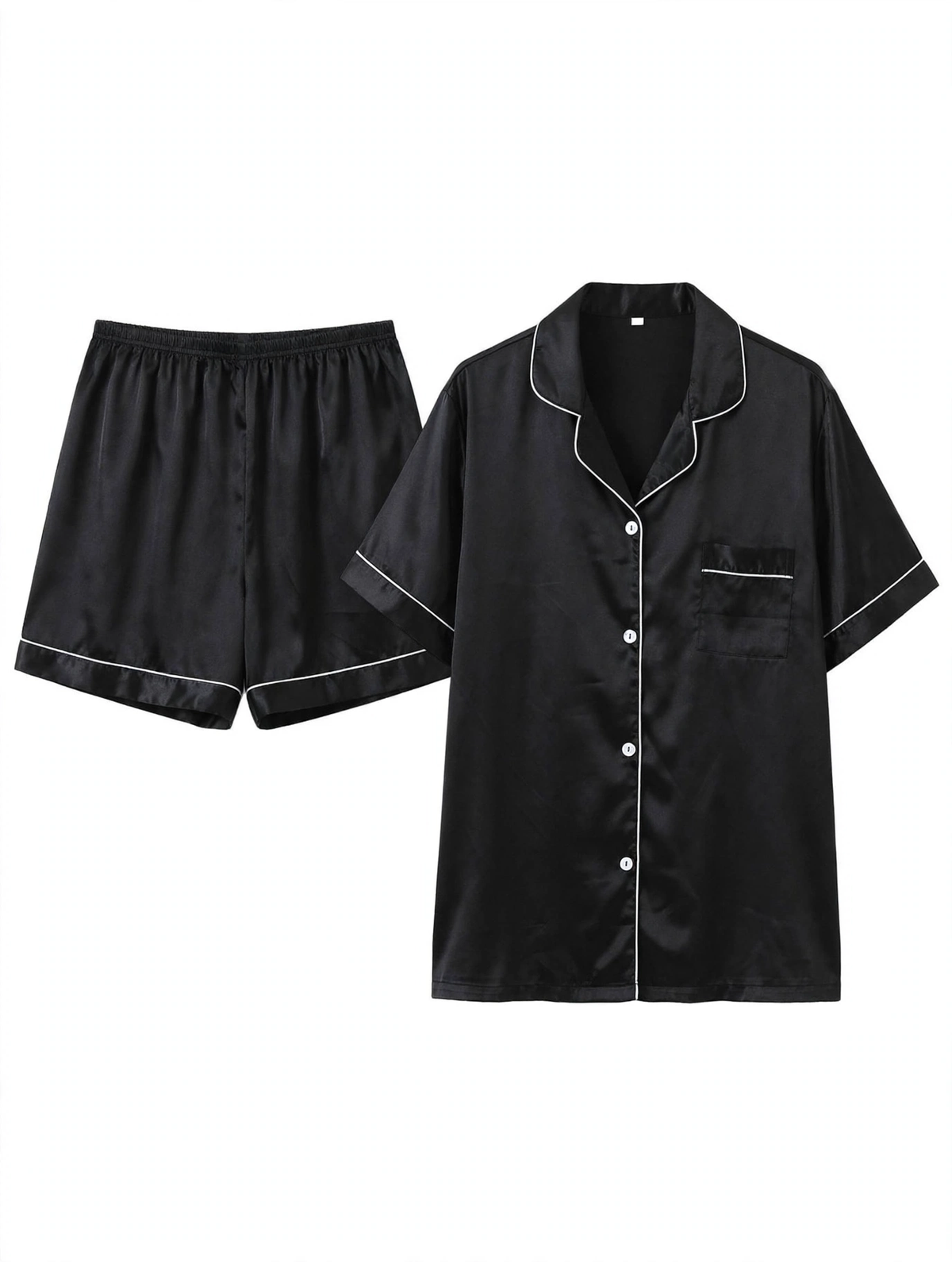 Women's Satin Night Suit – Short Sleeve Shirt & Shorts Pyjama Set (Black with White Piping, Size 5XL)