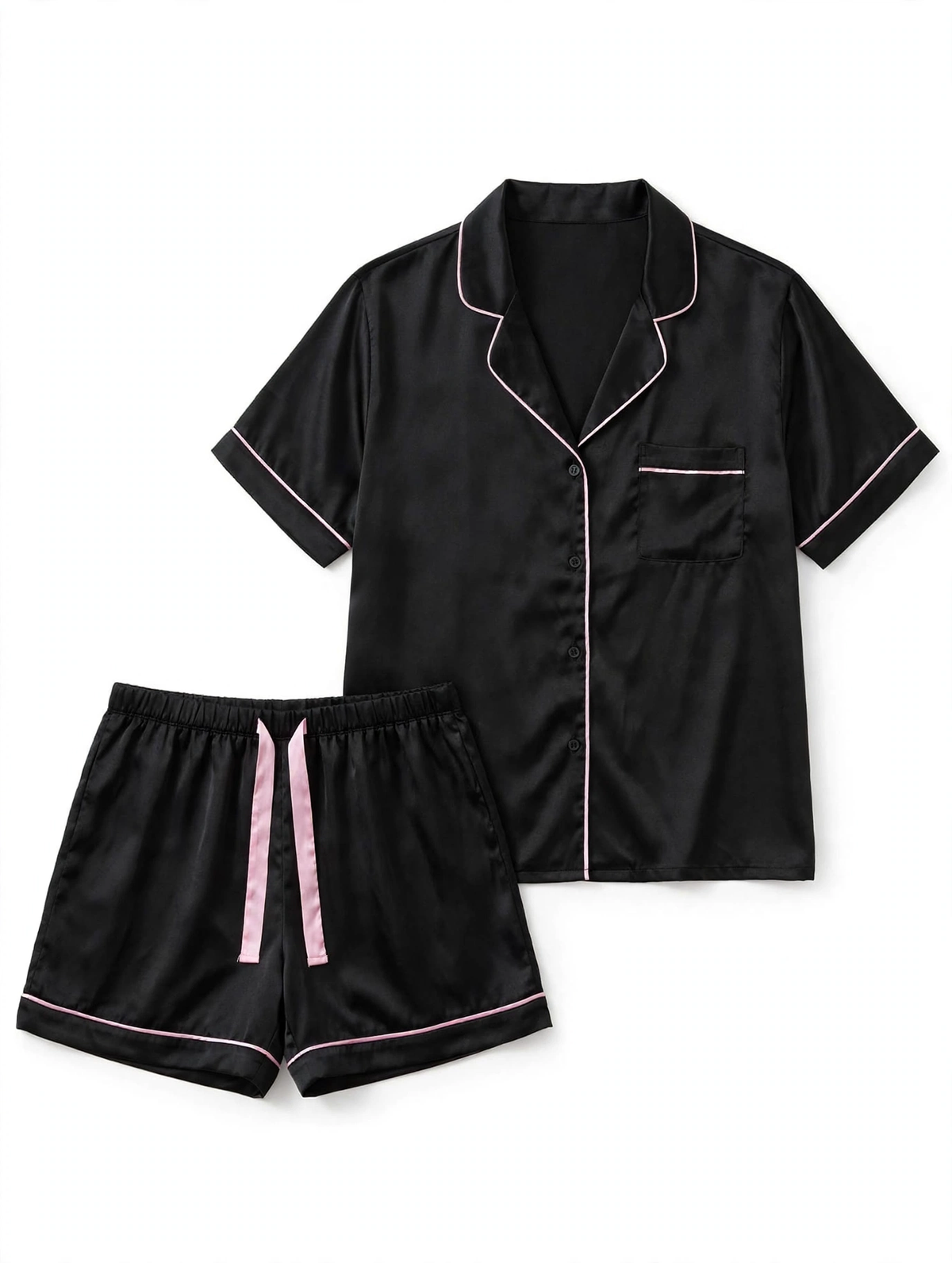 Primark Satin Pyjama Set – Short Sleeve Shirt & Shorts (Black with Pink Piping, Size M)