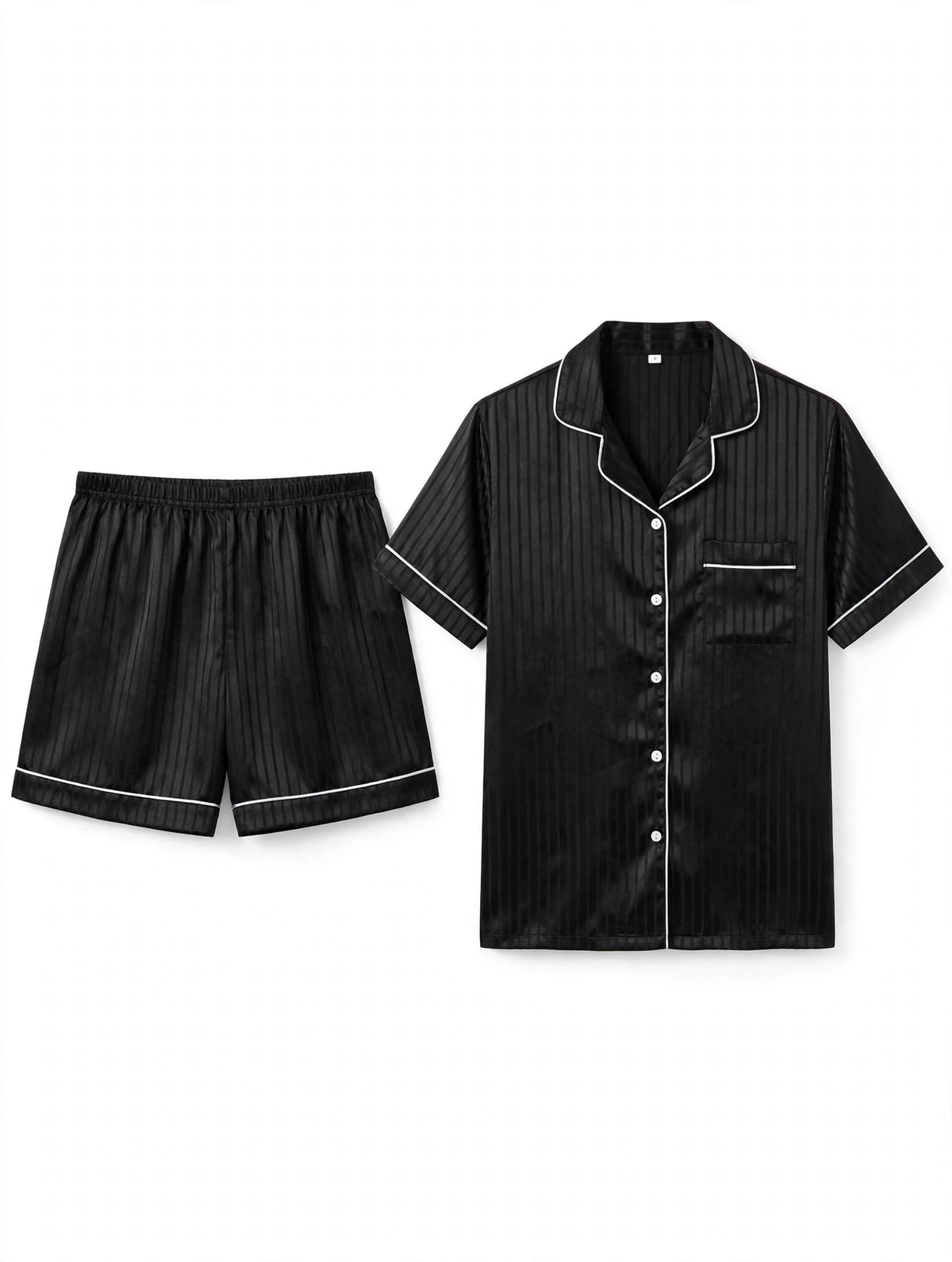 Women's Satin Striped Night Suit – Short Sleeve Shirt & Shorts Pyjama Set (Black, Size S)
