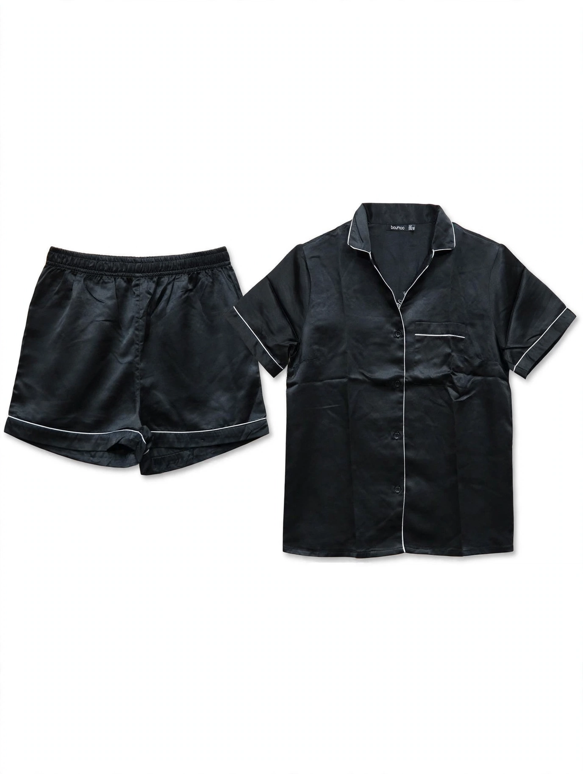 boohoo Satin Pyjama Set – Short Sleeve Shirt & Shorts (Black with White Piping, UK 12)