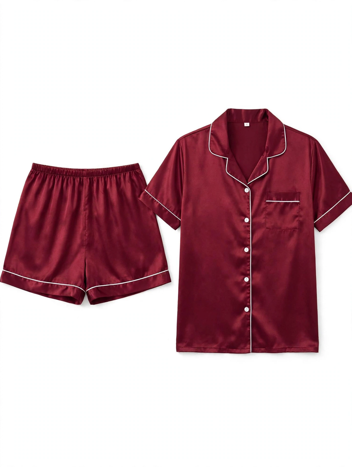 Women's Satin Night Suit – Short Sleeve Shirt & Shorts Pyjama Set (Burgundy with White Piping, Size L)