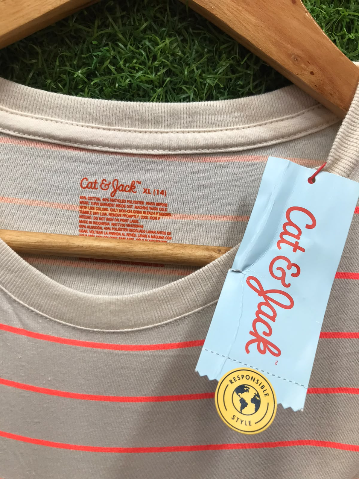 Cat & Jack Striped T-Shirt – White/Coral (Youth XL 14)