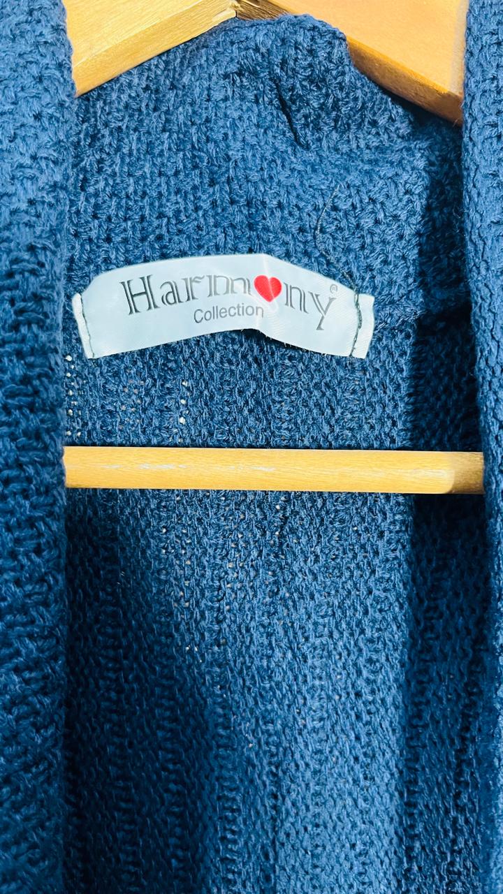 Harmony Teal-Blue Textured Longline Cardigan with Shawl Collar