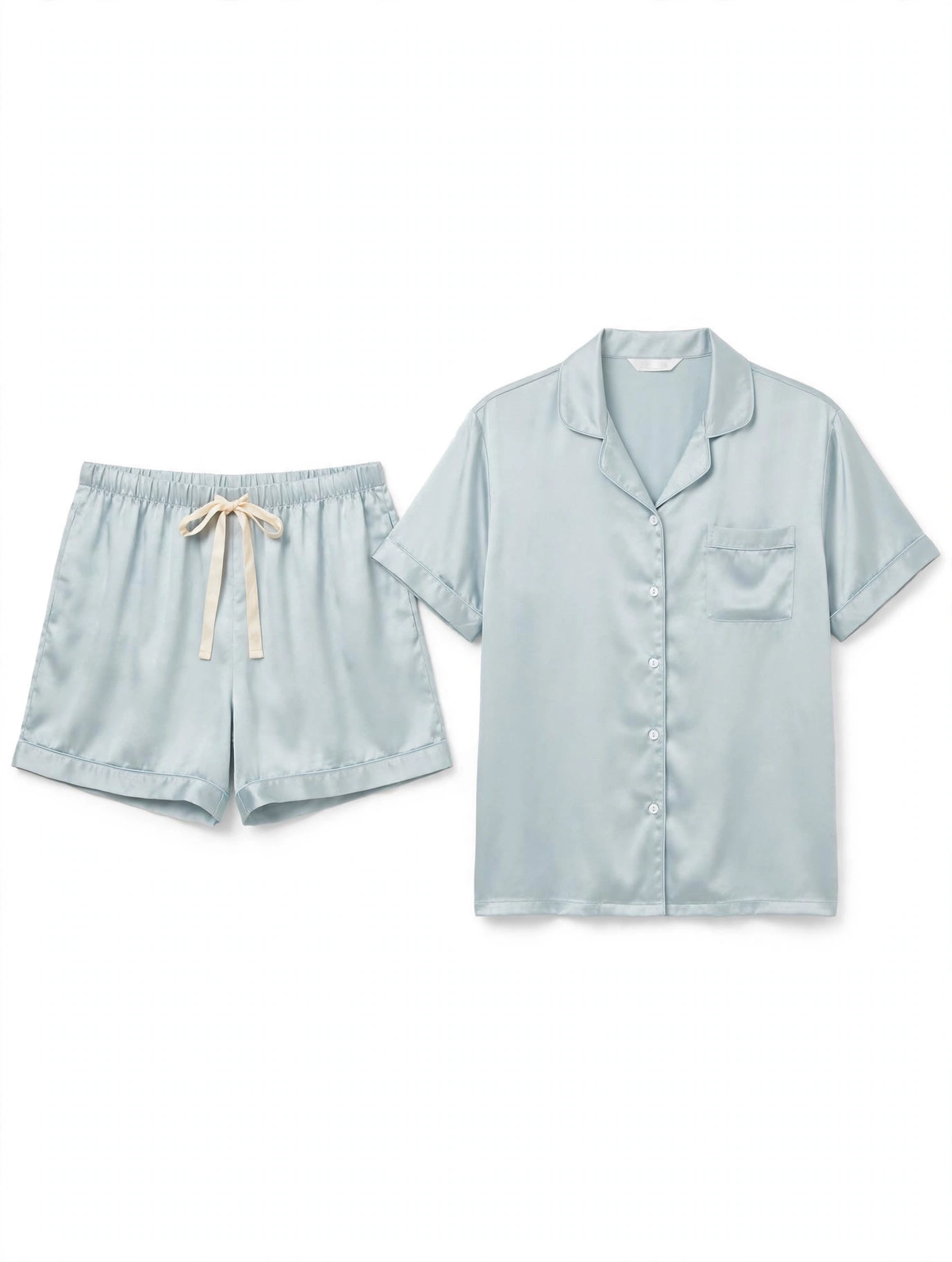 Primark Satin Pyjama Set – Short Sleeve Shirt & Shorts (Ice Blue, Size L)