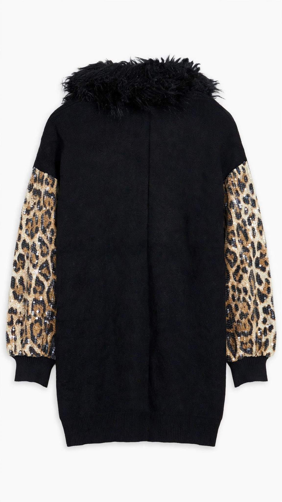 LaMiao Black Cardigan with Leopard Sequin Sleeves and Faux-Fur Collar (Size L)