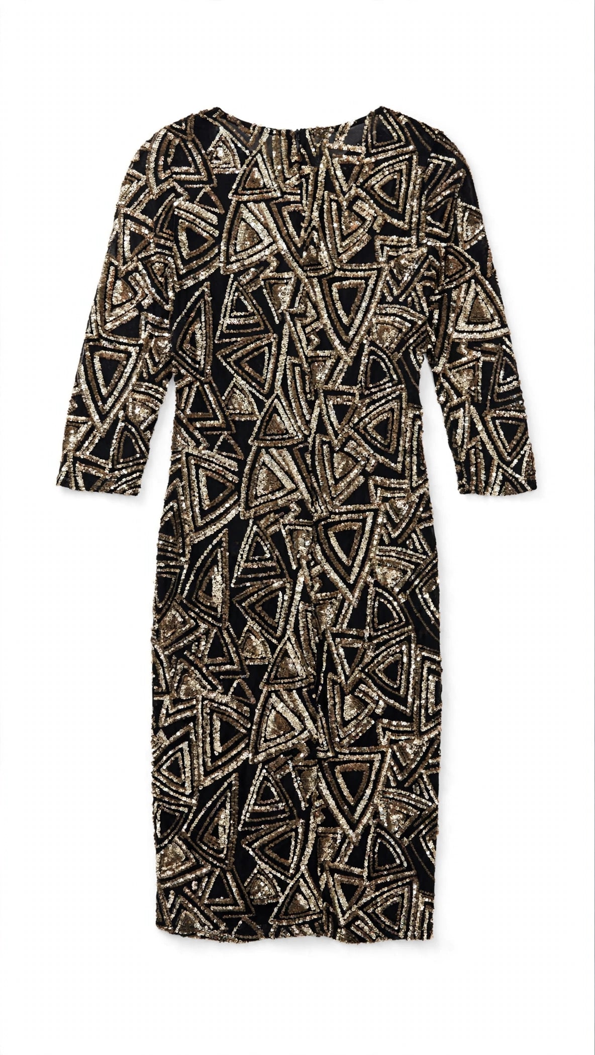 AKIRA CHICAGO Black and Gold Geometric Triangle Sequin Midi Dress (Size L)