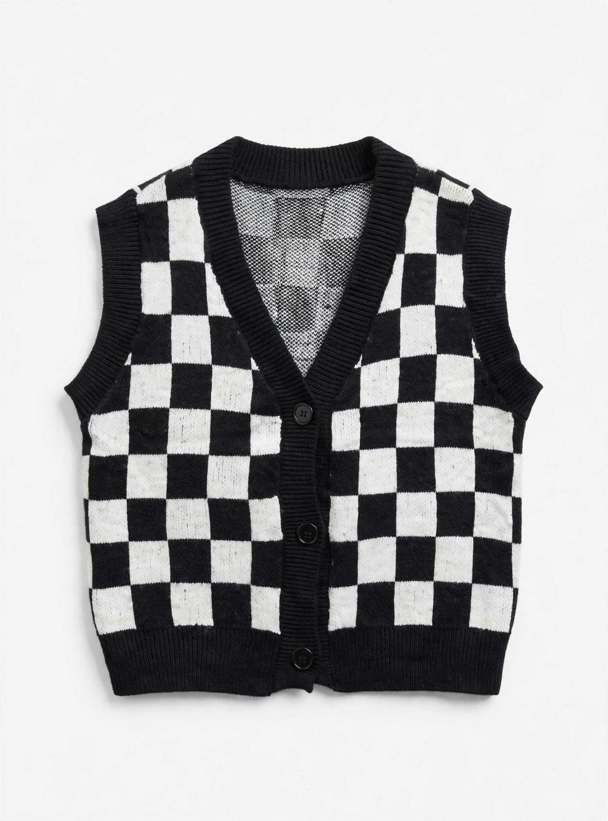 Black and White Checkered Button-Front Knit Sweater Vest (Size 160/84A)