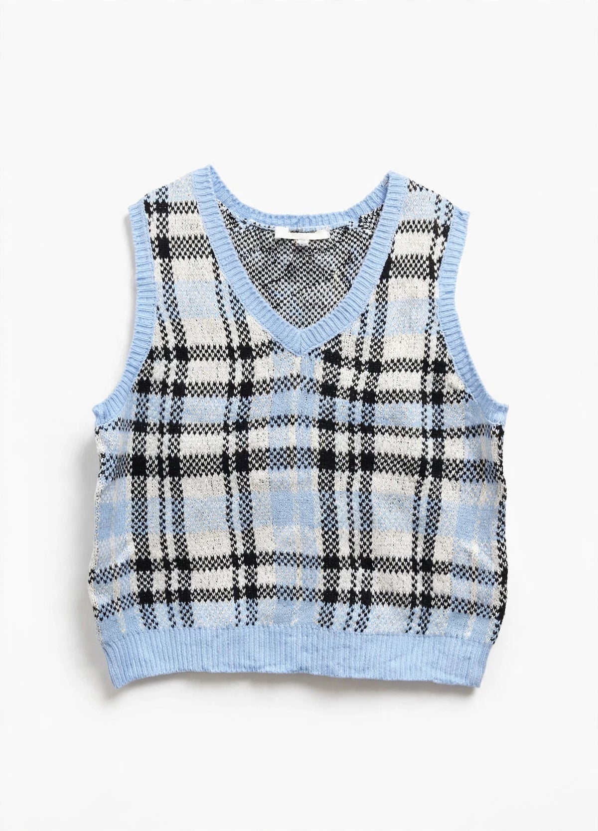 No Boundaries Light Blue Plaid Knit Sweater Vest (Juniors Size L 11-13)
