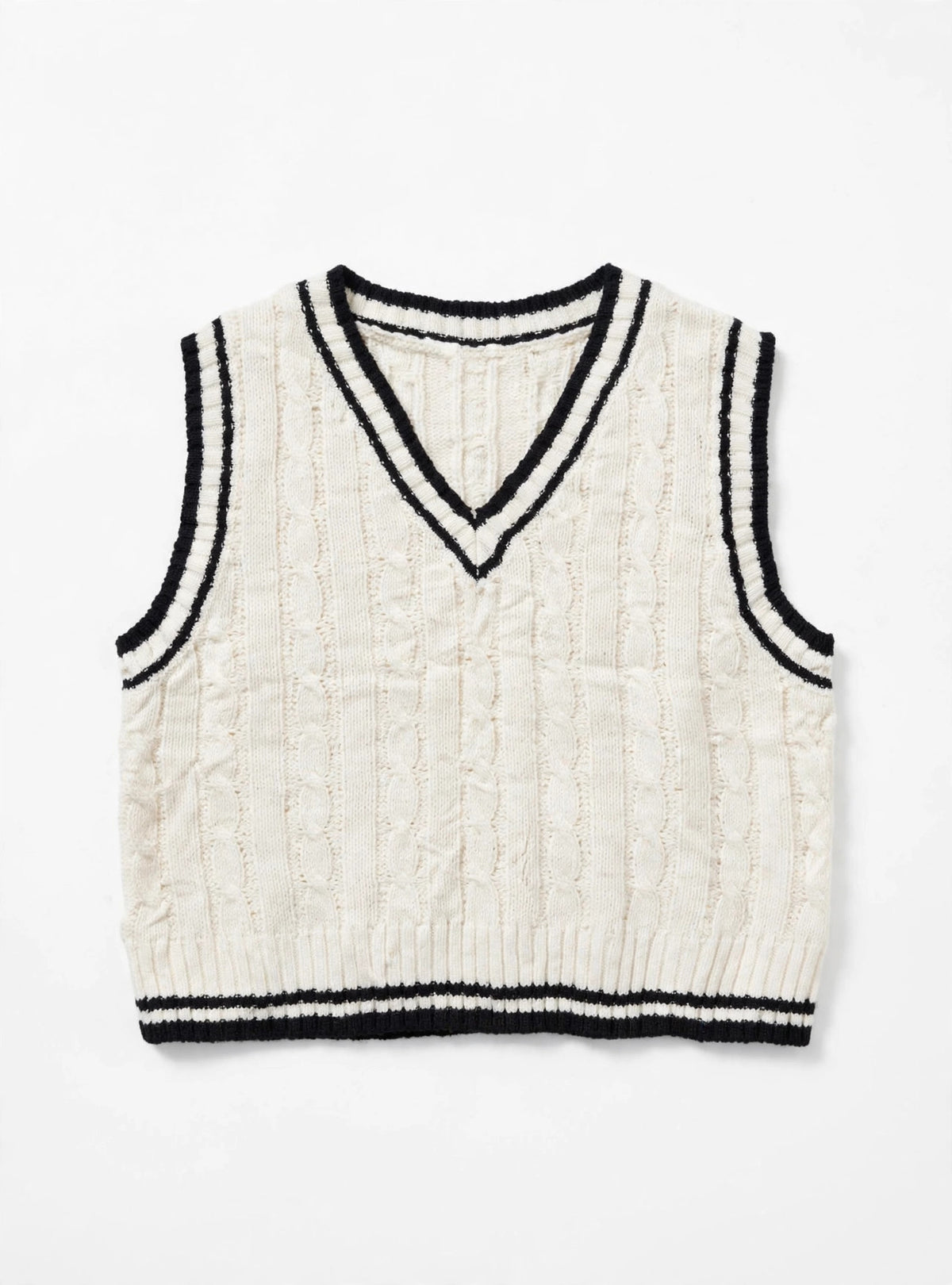 SHEIN White Cable-Knit Sweater Vest with Black Striped Trim (Size S)