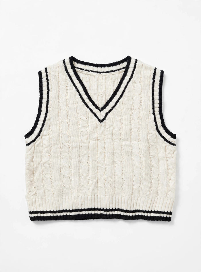 SHEIN White Cable-Knit Sweater Vest with Black Striped Trim (Size S)