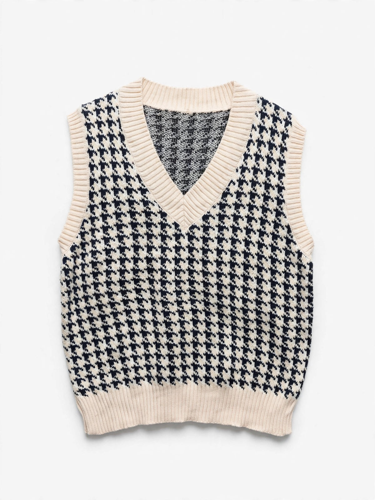 Cream and Black Houndstooth Knit Sweater Vest (Size L)