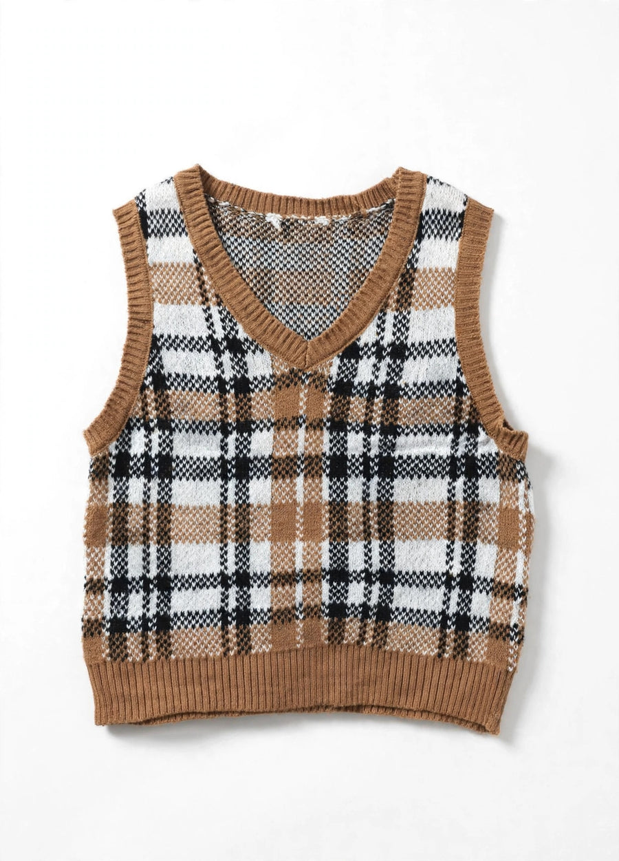Brown Plaid Knit Sweater Vest (Size S)