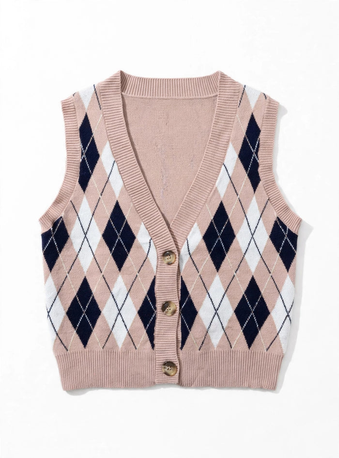 Haute Monde Dusty Pink Argyle Button-Front Sweater Vest (Size XL)