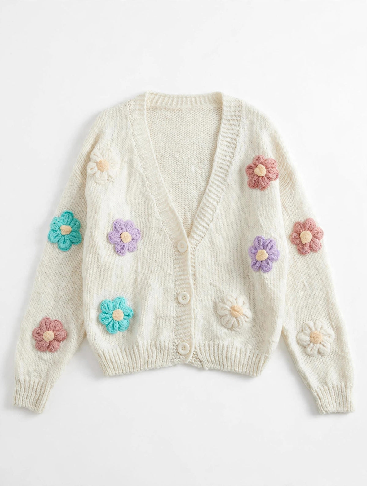 Cream knit cardigan with colorful 3D floral appliques