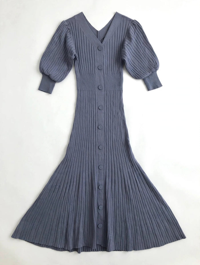 Snidel Grey Ribbed Knit Midi Dress – V-Neck Button Front with Puff Sleeves (Size S)