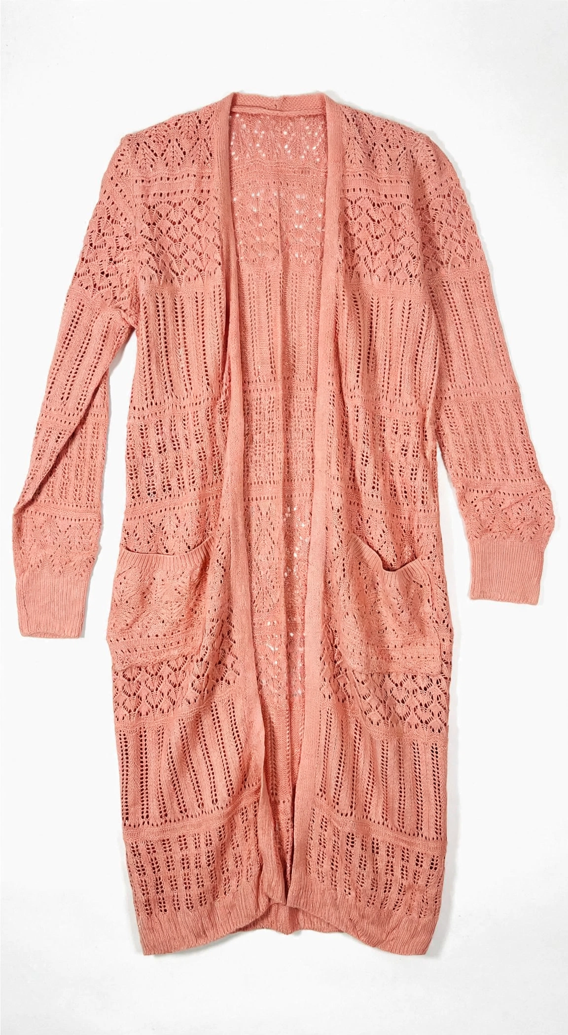 No Boundaries Coral Pink Pointelle Duster Cardigan (Size M)