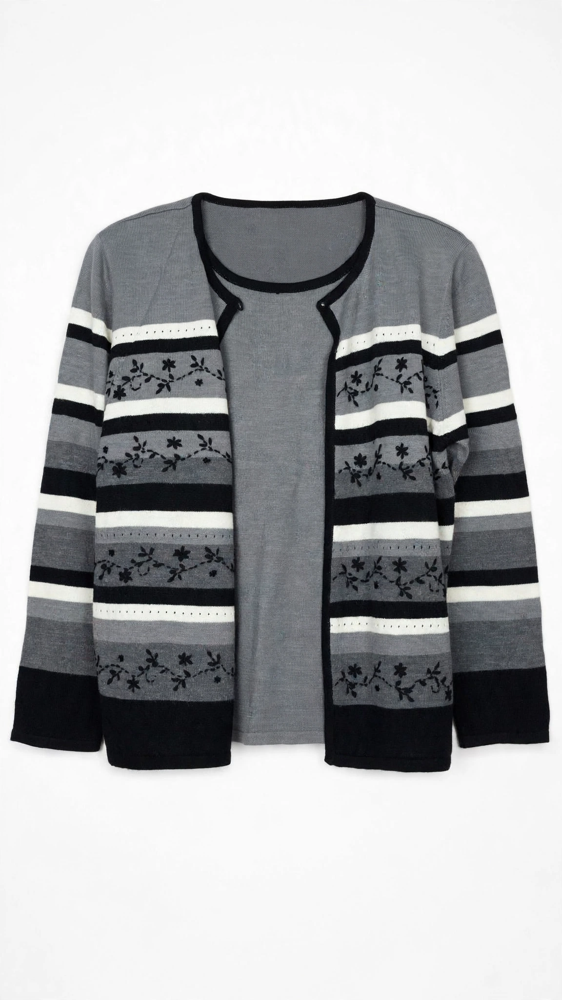 alfred dunner Grey Striped Knit Twinset Cardigan (Size L)
