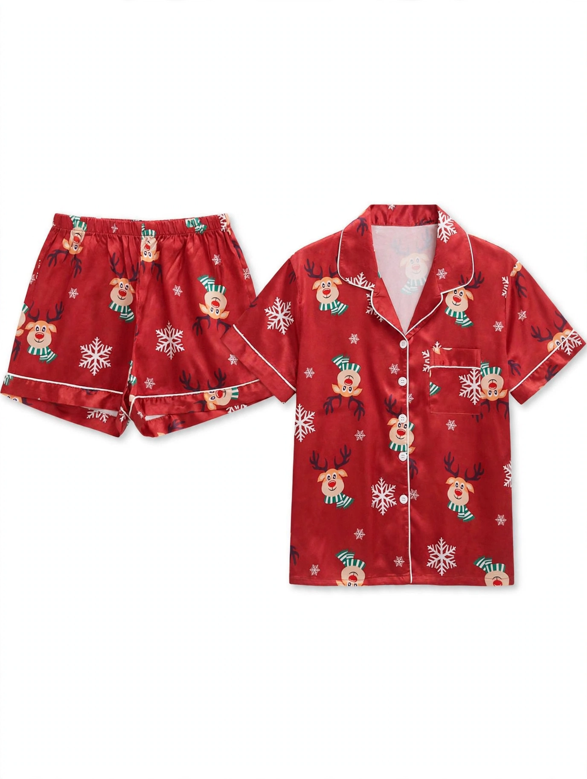 Women's Satin Christmas Pyjama Set – Reindeer & Snowflake Print Shirt & Shorts (Red, Size S)