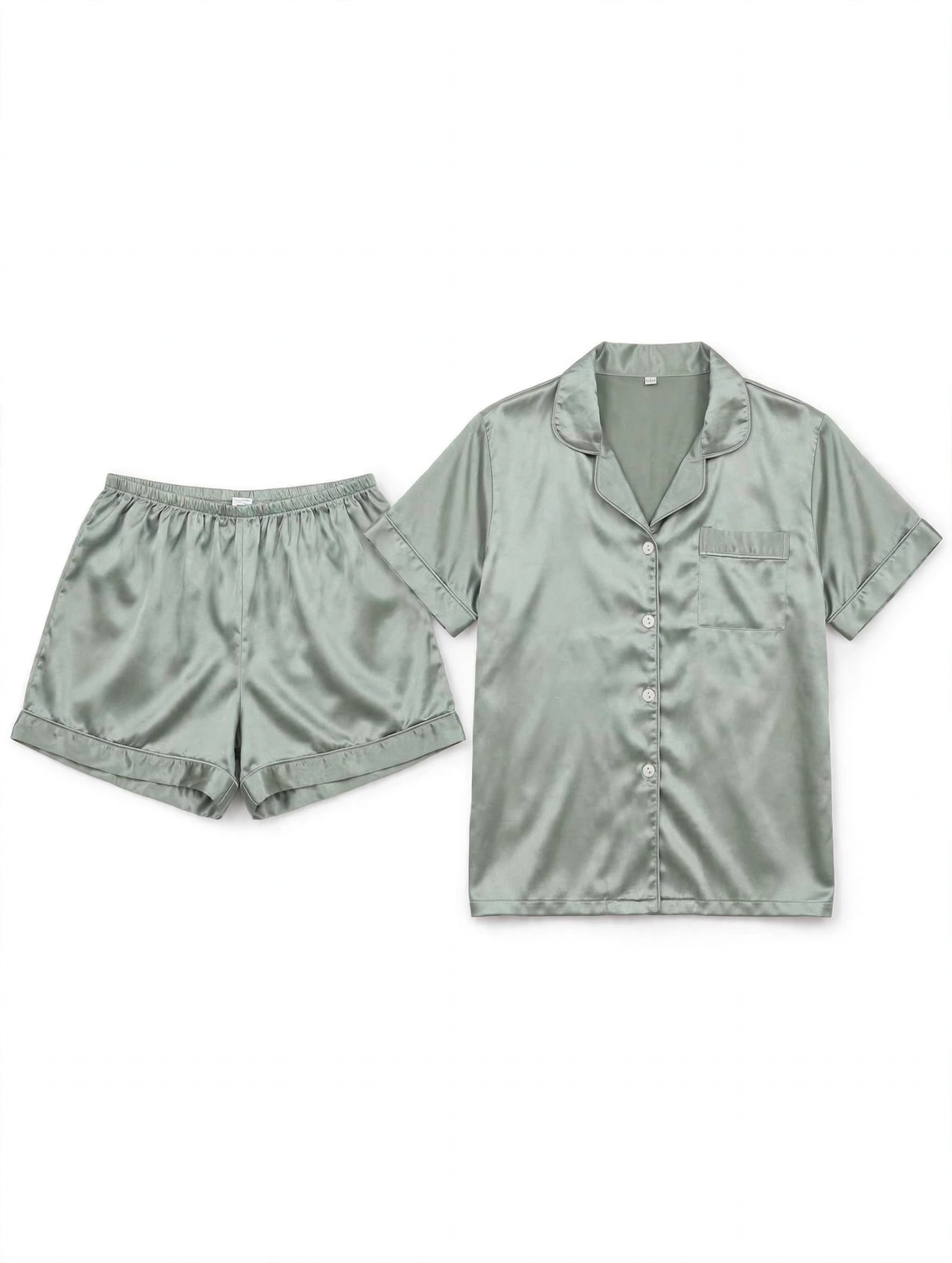 Women's Satin Night Suit – Short Sleeve Shirt & Shorts Pyjama Set (Sage Green, Size L)