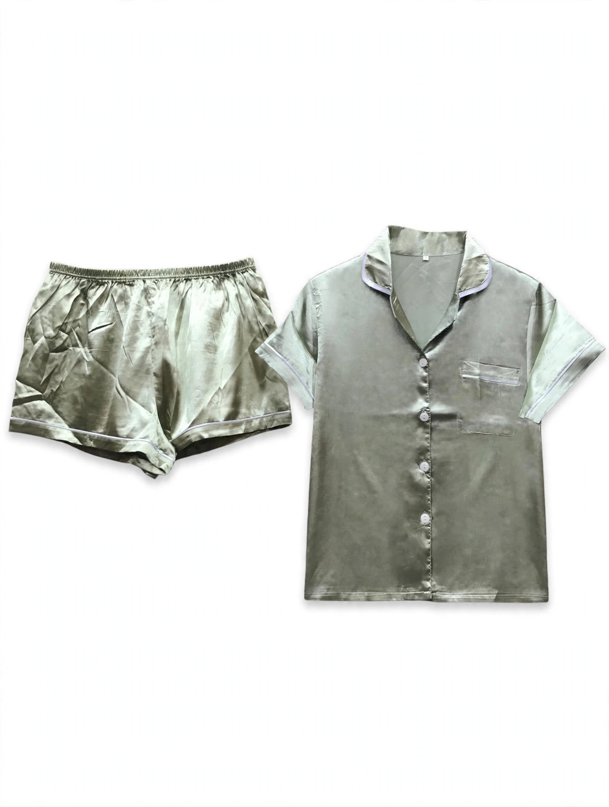 Women's Satin Night Suit – Short Sleeve Shirt & Shorts Pyjama Set (Sage Green with White Piping, Size L)