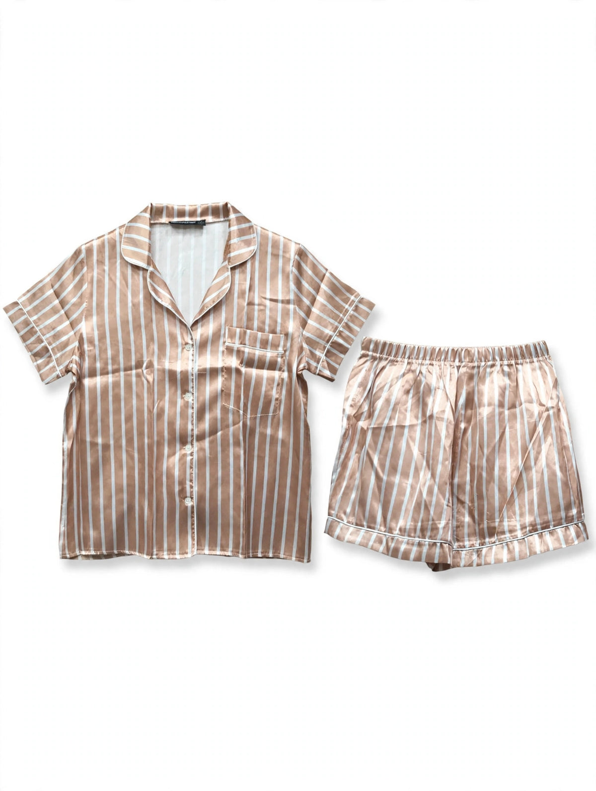 Champagne striped satin pyjama set with white stripes, short sleeve shirt and shorts