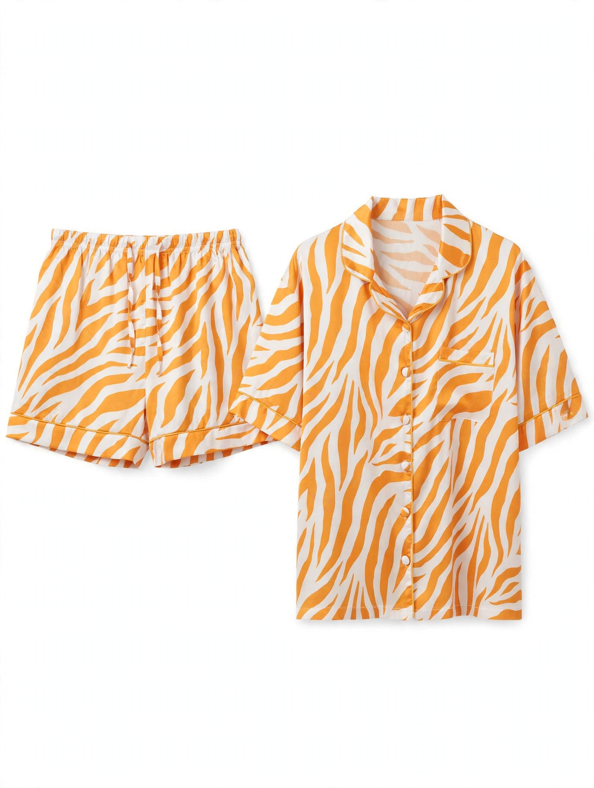 Women's Satin Zebra Print Pyjama Set – Shirt & Shorts (Orange & White, Size XL)
