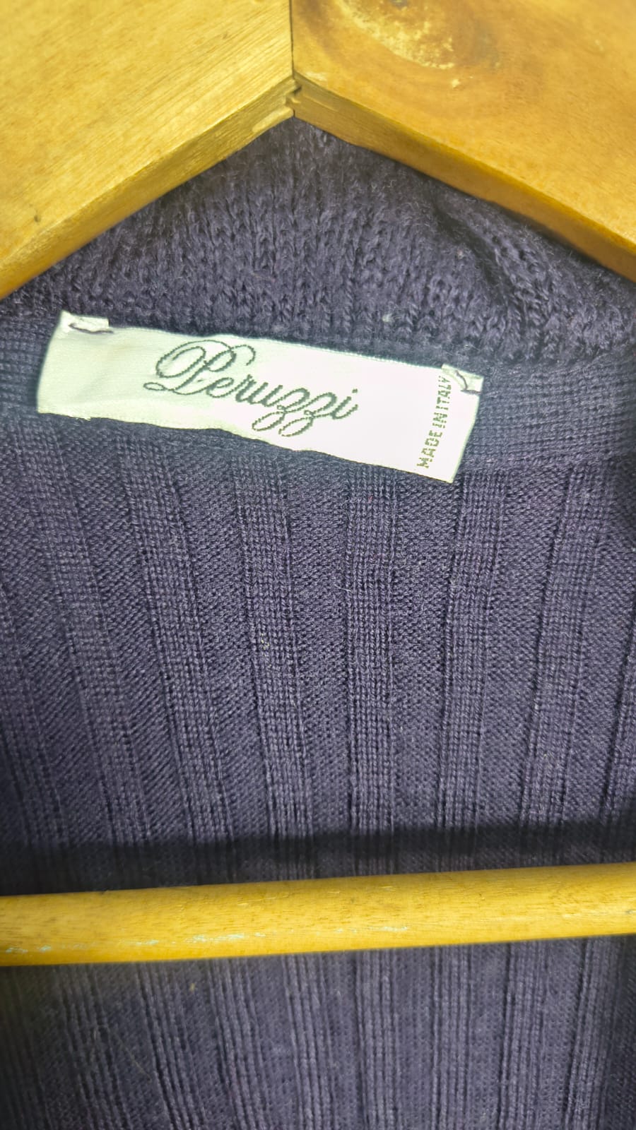 Peruzzi Dark Navy Ribbed Cardigan with Ruffle Trim and Embellishments (Size L)