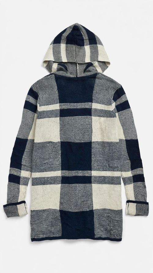 Absolutely Famous Navy Cream Plaid Hooded Pocket Cardigan
