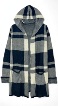 Absolutely Famous Navy Cream Plaid Hooded Pocket Cardigan