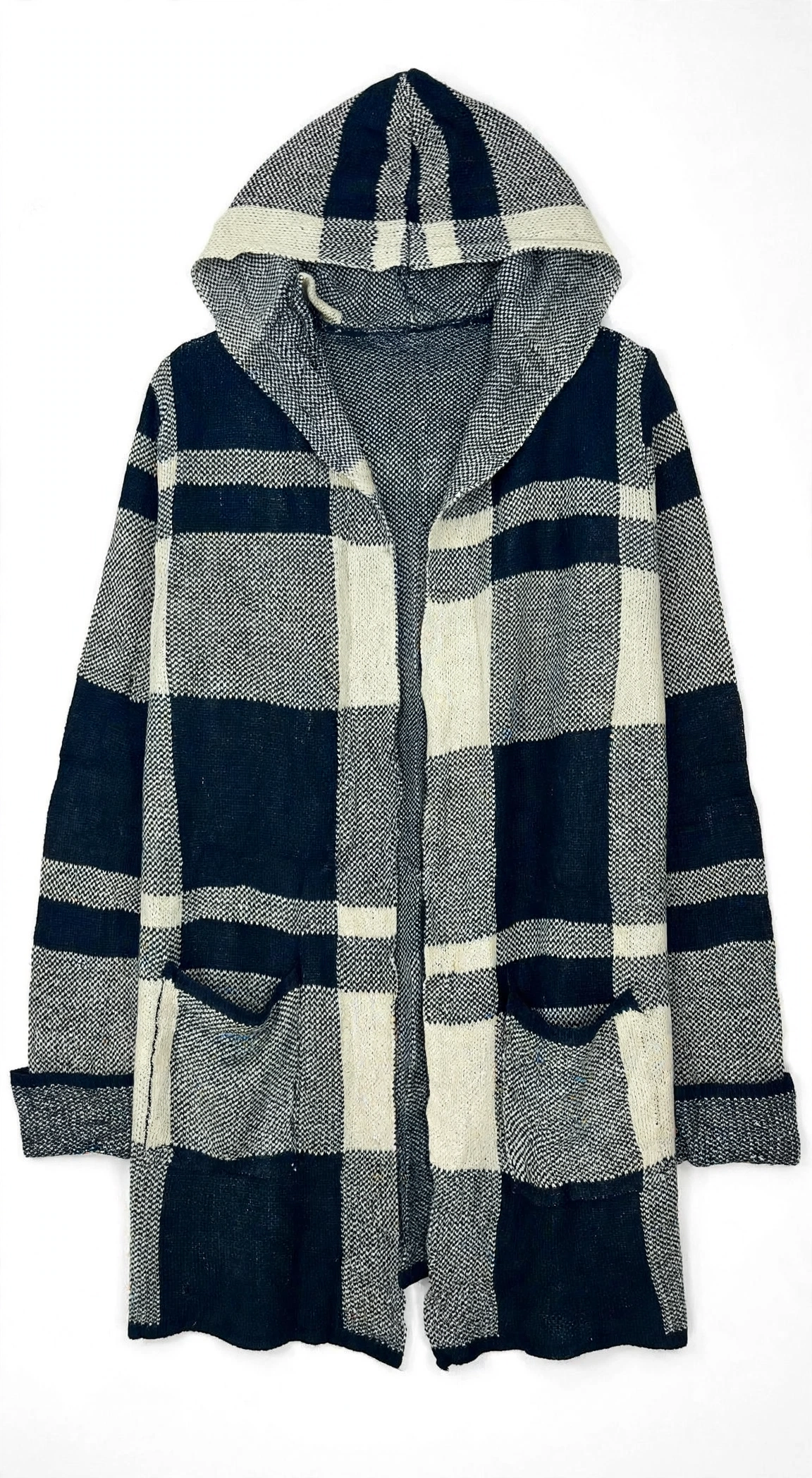 Absolutely Famous Navy Cream Plaid Hooded Pocket Cardigan