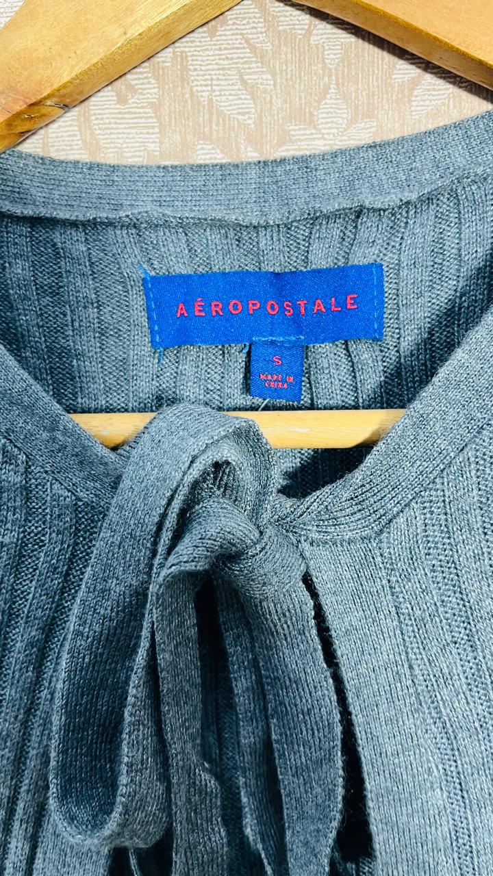 Aeropostale Blue-Grey Ribbed Tie-Front Longline Cardigan (Size S)