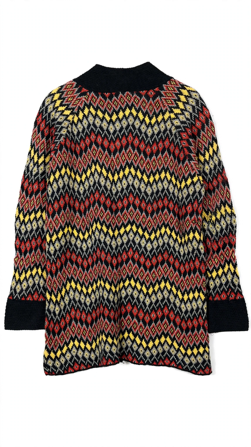 Apricot Black Fair-Isle Diamond Cardigan with Shawl Collar (Size M/L)