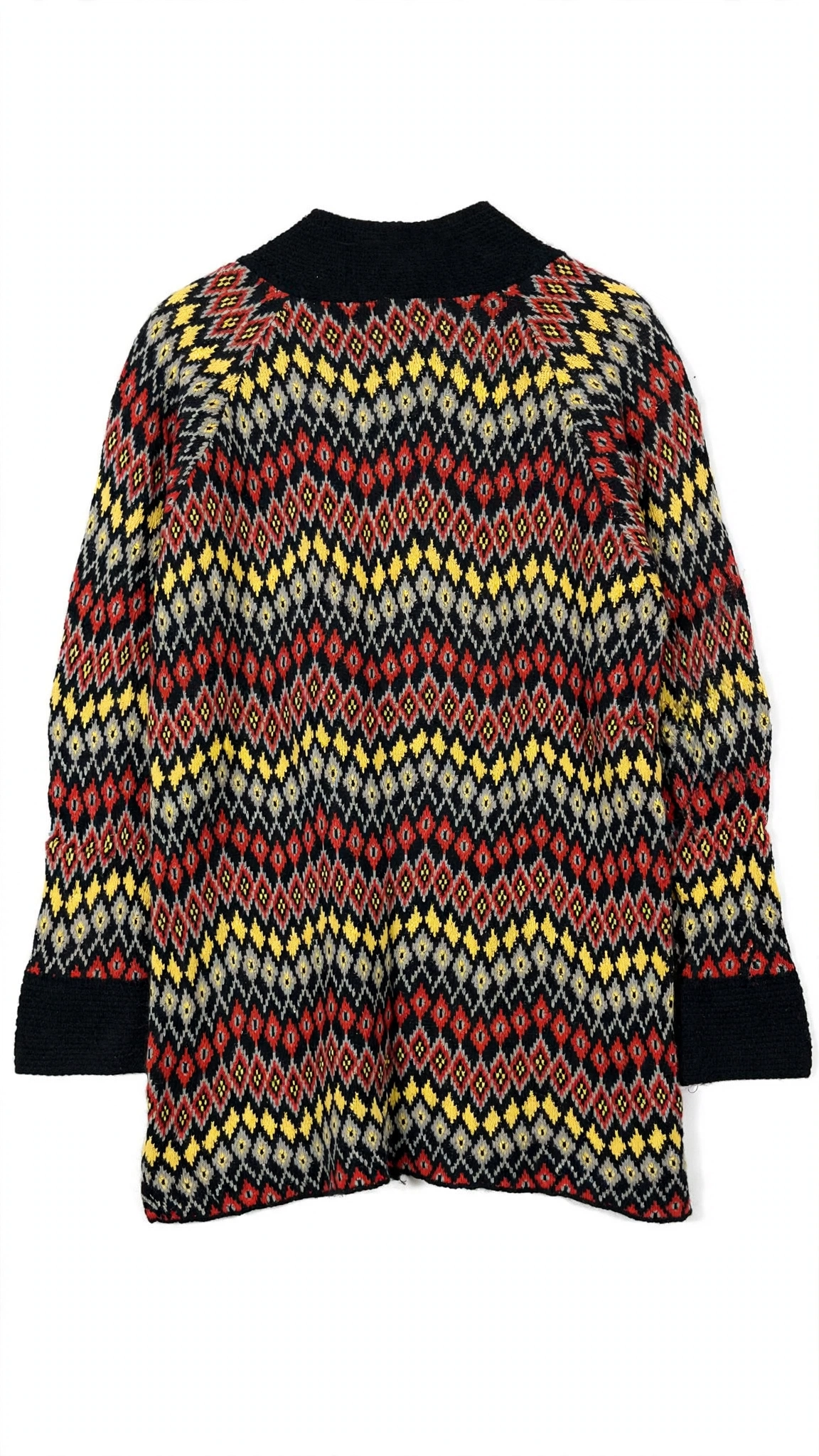 Apricot Black Fair-Isle Diamond Cardigan with Shawl Collar (Size M/L)