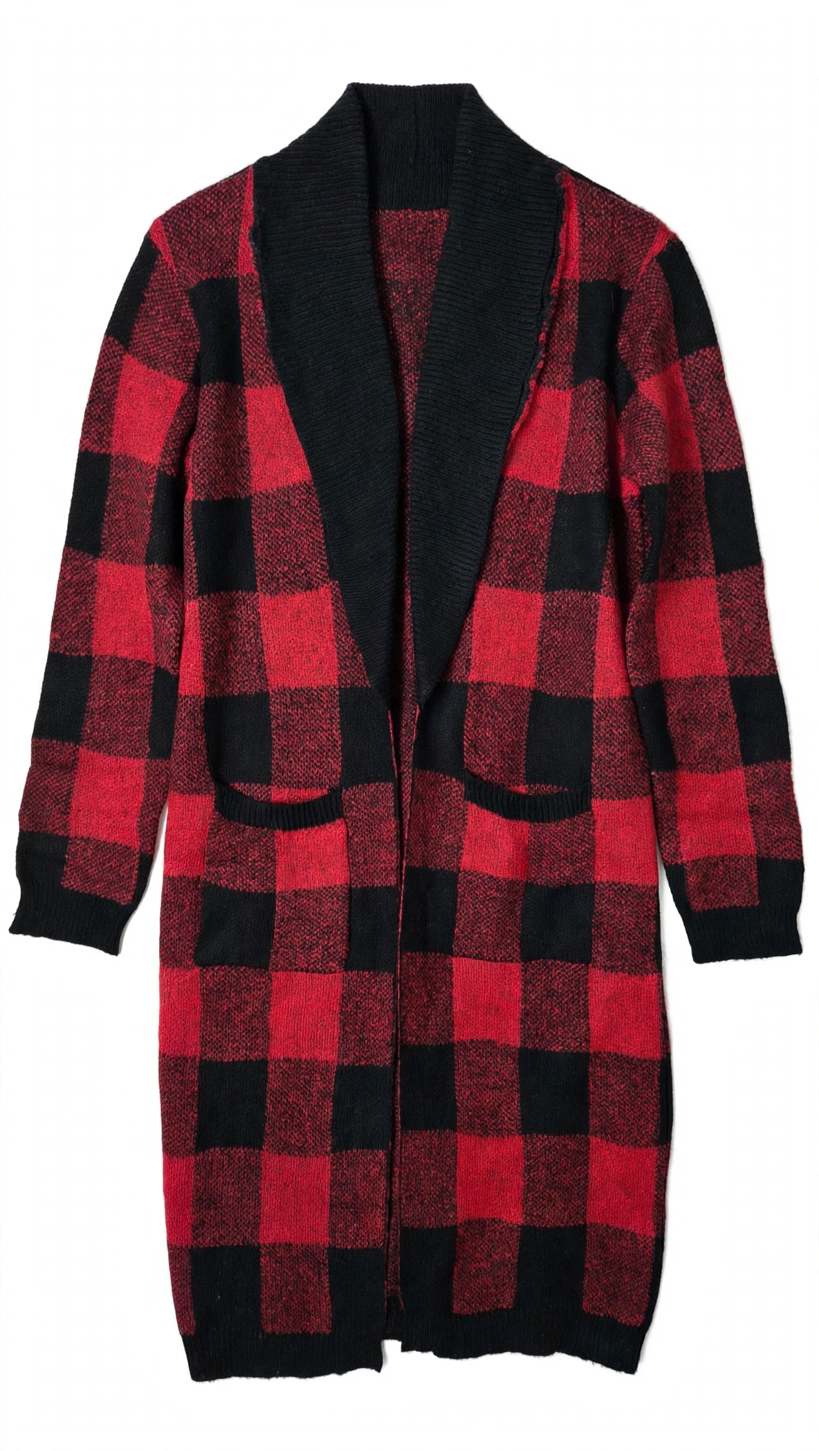 Red & Black Buffalo Plaid Knit Cardigan with Shawl Collar
