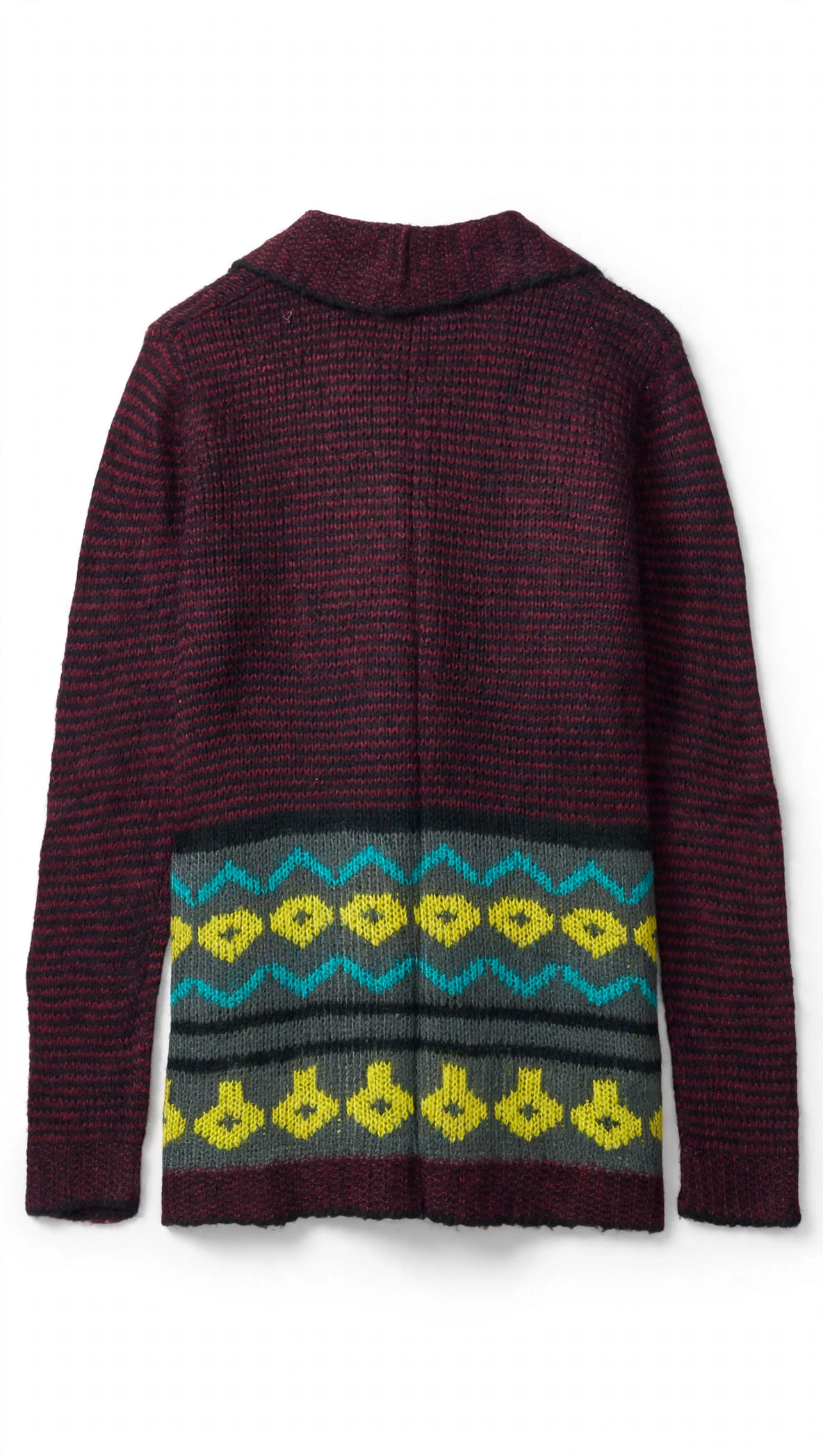 Burgundy Fairisle Knit Cardigan with Patterned Hem