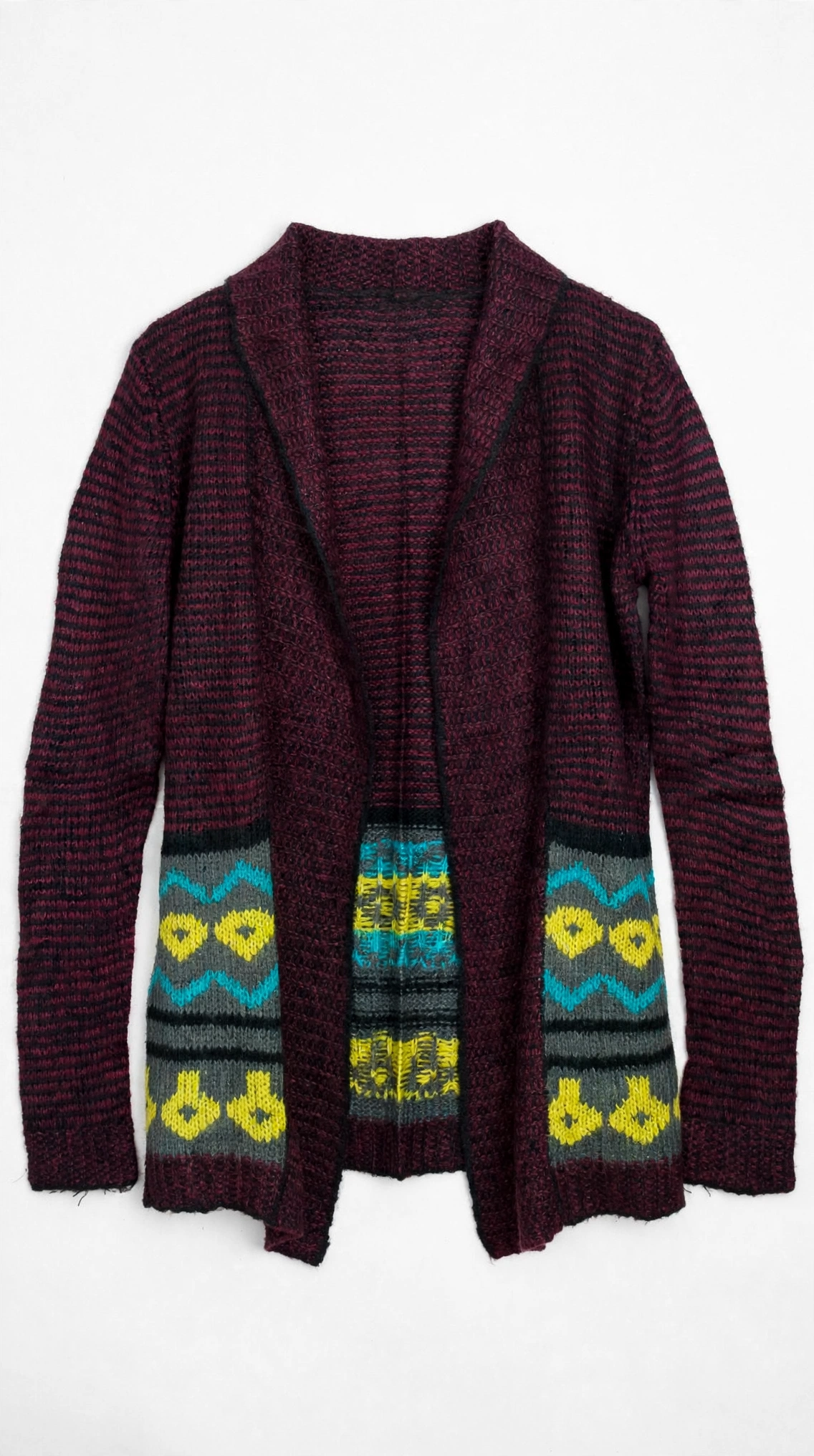 Burgundy Fairisle Knit Cardigan with Patterned Hem