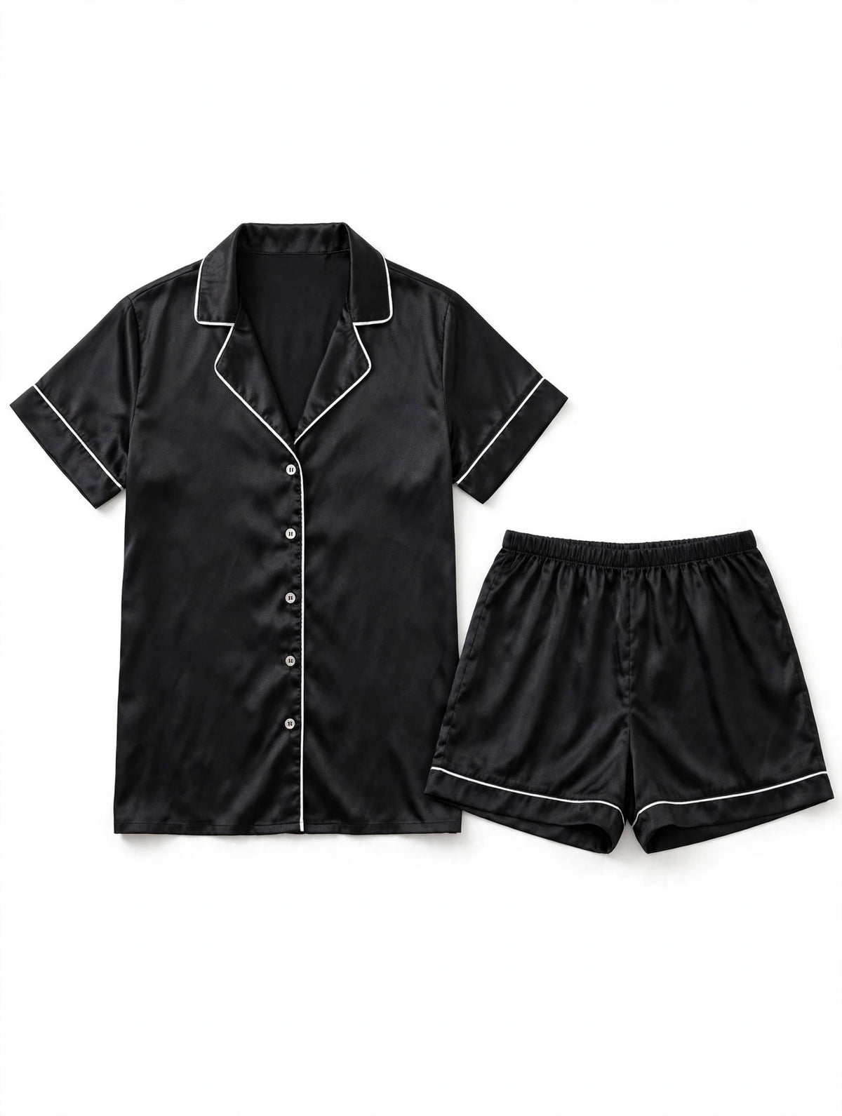Black satin pyjama set with white piping, short sleeve shirt and shorts