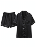 Women's Satin Night Suit – Short Sleeve Shirt & Shorts Pyjama Set (Black with White Piping, Size 5XL)