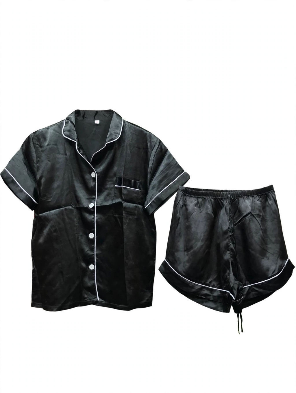 Women's Satin Night Suit – Short Sleeve Shirt & Shorts Pyjama Set (Black with White Piping, Size M)
