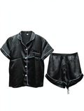 Women's Satin Night Suit – Short Sleeve Shirt & Shorts Pyjama Set (Black with White Piping, Size M)