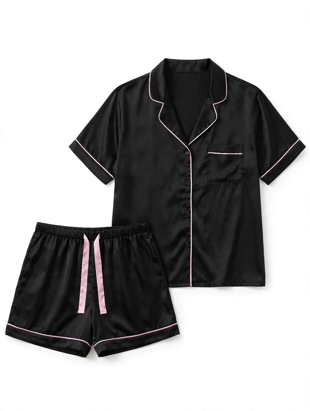 Primark Satin Pyjama Set – Short Sleeve Shirt & Shorts (Black with Pink Piping, Size M)