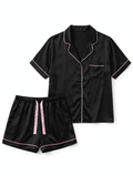 Primark Satin Pyjama Set – Short Sleeve Shirt & Shorts (Black with Pink Piping, Size M)