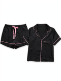 Primark Satin Pyjama Set – Short Sleeve Shirt & Shorts (Black with Pink Piping, Size XS)