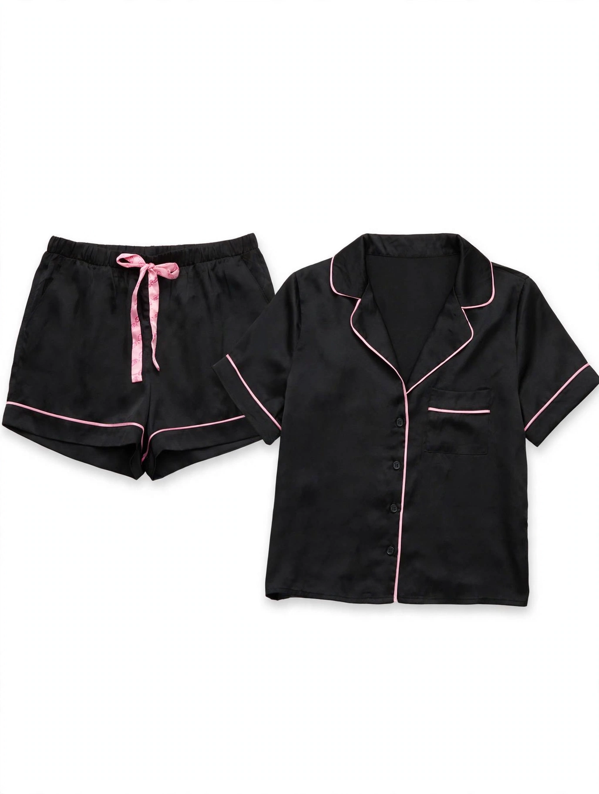 Primark Satin Pyjama Set – Short Sleeve Shirt & Shorts (Black with Pink Piping, Size XS)