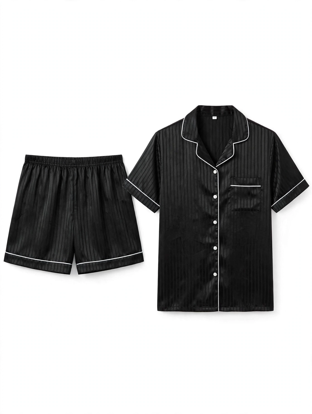 Women's Satin Striped Night Suit – Short Sleeve Shirt & Shorts Pyjama Set (Black, Size S)
