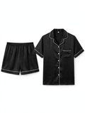 Women's Satin Striped Night Suit – Short Sleeve Shirt & Shorts Pyjama Set (Black, Size S)