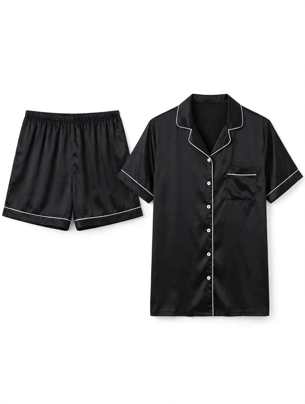 Women's Satin Night Suit – Short Sleeve Shirt & Shorts Pyjama Set (Black with White Piping, Size XL)