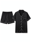 Women's Satin Night Suit – Short Sleeve Shirt & Shorts Pyjama Set (Black with White Piping, Size XL)