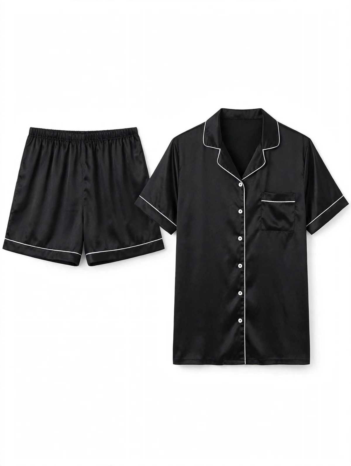 Women's Satin Night Suit – Short Sleeve Shirt & Shorts Pyjama Set (Black with White Piping, Size XL)